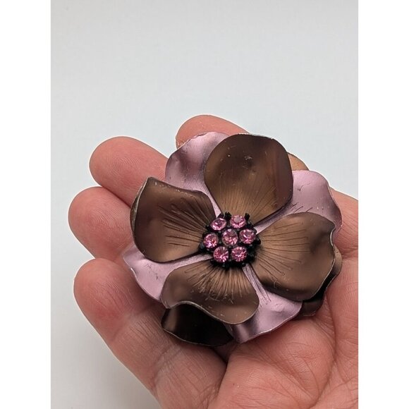 VTG Metal Enamel Flower Brooche Pin Satin Pink Brown Fucsia Rhinesto Large 2.5" - Picture 3 of 8
